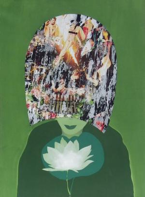 Femme au lotus,Acrylique et collage, 80x80, 2015